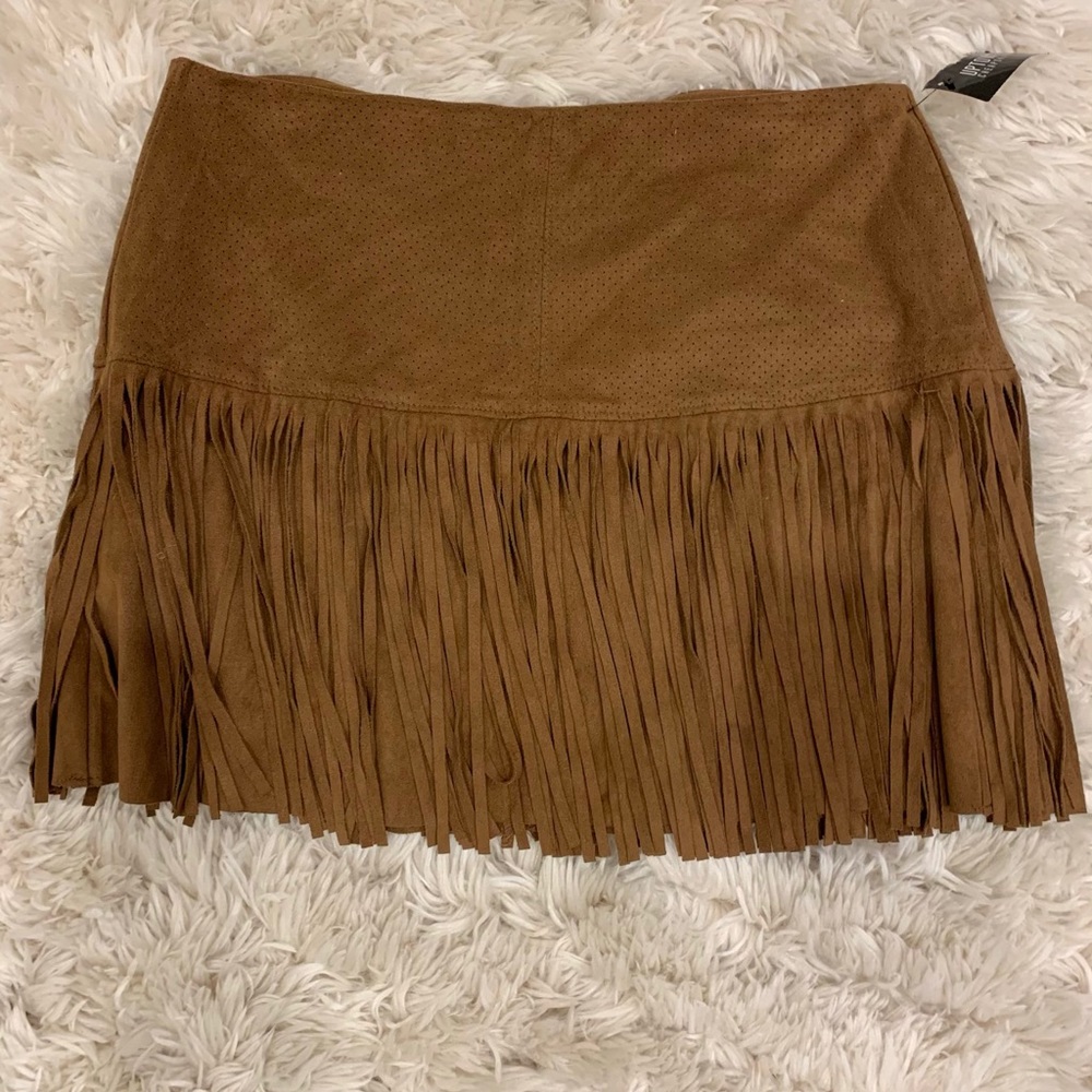 Leather fringe zip up skirt